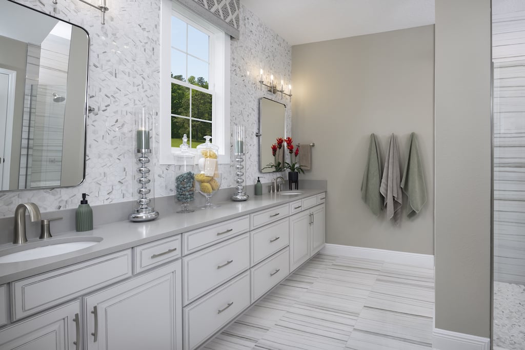 Bathroom with very long counter space area and dual sinks