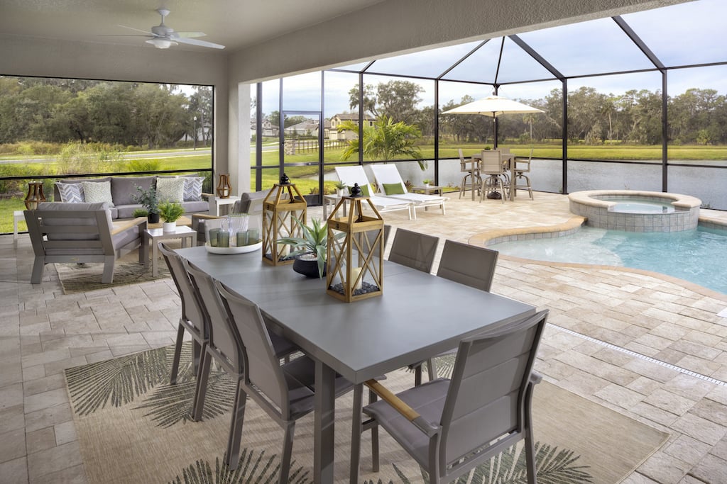 Beatuful scene of pool and dining area patio